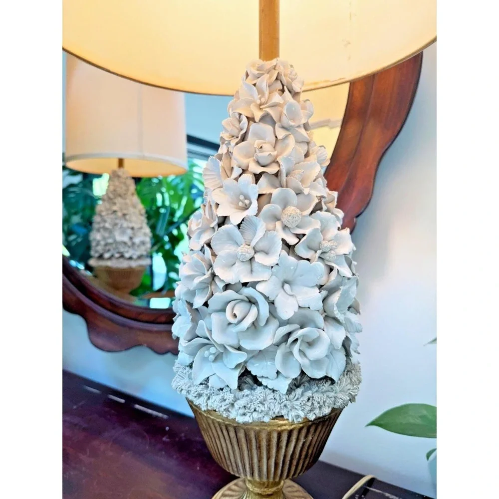 Rare Pair Vintage Porcelain Floral Table Lamps Ceramic‎ Casa Pupo Manises